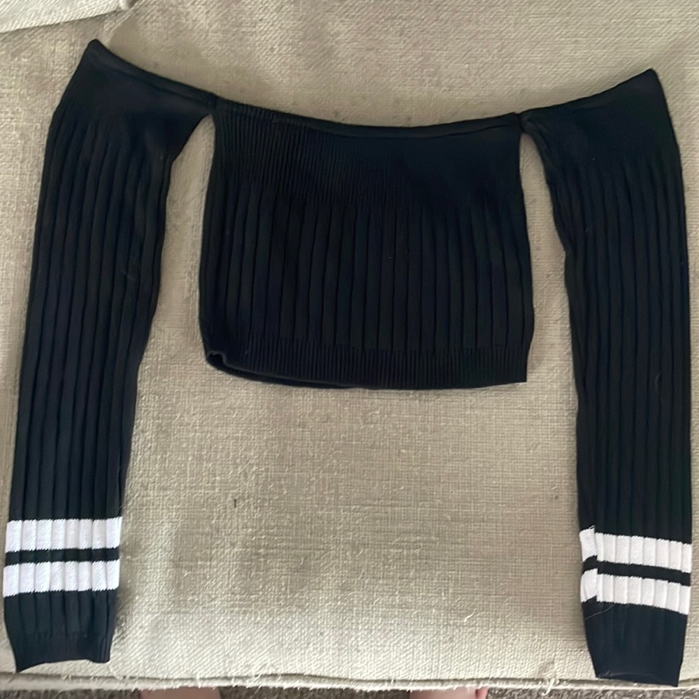 Off the Shoulder Black Sweater with White Strips